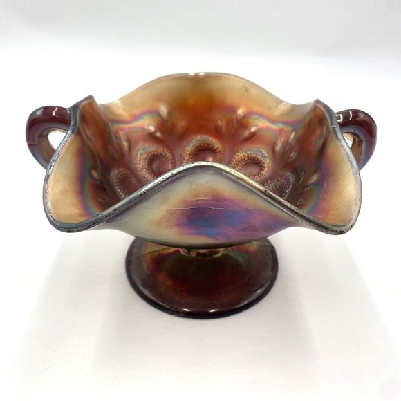 Antique Dugan Carnival Glass Amethyst Question Marks 2 Handles Bonbon Dish 1900c - Picture 1 of 16